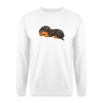 Dackel - Süßes Dackelbaby mit großen Augen - Unisex Pullover - Weiß - Vorne - Alina (178cm) & Michal (187cm)