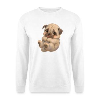 Mops -Niedliches dunkles Mopsbaby mit großen Augen - Unisex Pullover - Weiß - Vorne - Alina (178cm) & Michal (187cm)