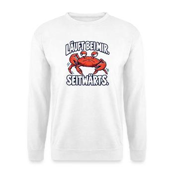 Läuft bei mir – seitwärts – Krabbe - Unisex Pullover - Weiß - Vorne - Alina (178cm) & Michal (187cm)