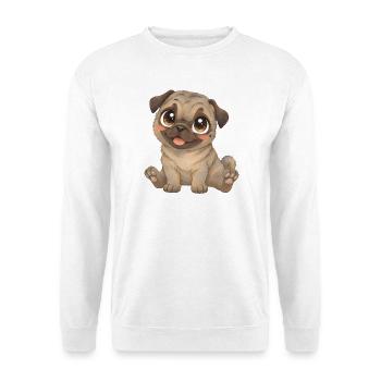 Mops Niedliches dunkles Mopsbaby mit großen Augen - Unisex Pullover - Weiß - Vorne - Alina (178cm) & Michal (187cm)
