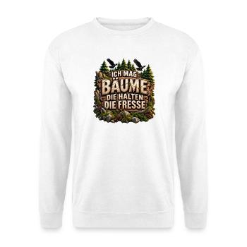 Ich mag Bäume Spruch – Holzoptik & Raben - Unisex Pullover - Weiß - Vorne - Alina (178cm) & Michal (187cm)