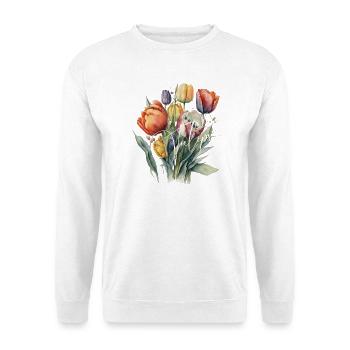 Aquarell-Tulpenbouquet-Schrift - Unisex Pullover - Weiß - Vorne - Alina (178cm) & Michal (187cm)