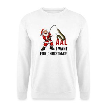 Aal I want for Christmas Weihnachtsmann Fisch - Unisex Pullover - Weiß - Vorne - Alina (178cm) & Michal (187cm)