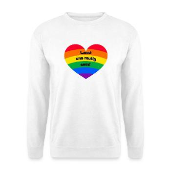 LASST UNS MUTIG SEIN, DEUTSCHLAND BLEIBT BUNT - Unisex Pullover - Weiß - Vorne - Alina (178cm) & Michal (187cm)