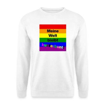 MEINE WELT BLEIBT KUNTERBUNT, FÜR OFFENHEIT - Unisex Pullover - Weiß - Vorne - Alina (178cm) & Michal (187cm)