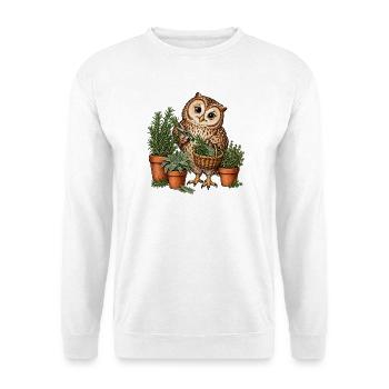 Eule bei der Kräuterernte - Unisex Pullover - Weiß - Vorne - Alina (178cm) & Michal (187cm)