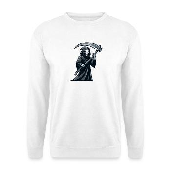 Der Sensenmann mit einer Sense, einem Symbol des Todes - Unisex Pullover - Weiß - Vorne - Alina (178cm) & Michal (187cm)