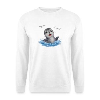 Fröhliche Robbe im Spritzwasser - Unisex Pullover - Weiß - Vorne - Alina (178cm) & Michal (187cm)