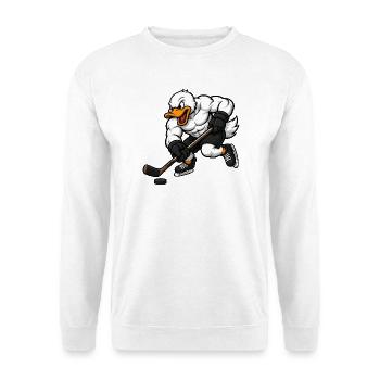 Coole Ente Eishockeyspieler Cartoon - Unisex Pullover - Weiß - Vorne - Alina (178cm) & Michal (187cm)