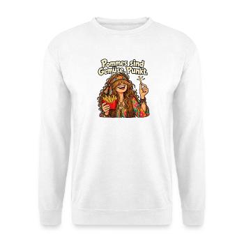 Pommes sind Gemüse – Lustige Hippie Frau - Unisex Pullover - Weiß - Vorne - Alina (178cm) & Michal (187cm)