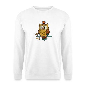 Verspielte Retro-Cartoon-Eule mit Zylinder - Unisex Pullover - Weiß - Vorne - Alina (178cm) & Michal (187cm)