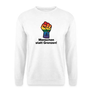 MENSCHEN STATT GRENZEN. BOTSCHAFT GEGEN RECHTS - Unisex Pullover - Weiß - Vorne - Alina (178cm) & Michal (187cm)