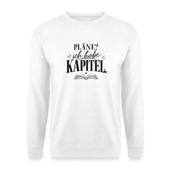 Pläne? Ich habe Kapitel. Geschenkidee Lesemaus - Unisex Pullover - Weiß - Vorne - Alina (178cm) & Michal (187cm)