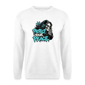Protect Your Peace – Skull Headphones Streetwear - Unisex Pullover - Weiß - Vorne - Alina (178cm) & Michal (187cm)
