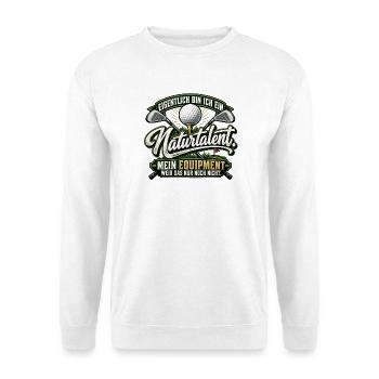 Golf Naturtalent – Lustiger Golfer Spruch - Unisex Pullover - Weiß - Vorne - Alina (178cm) & Michal (187cm)