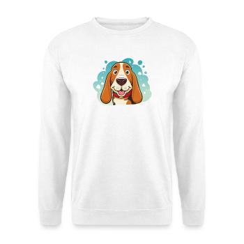 Kleiner Basset Hound (Porträt/Nah) - Unisex Pullover - Weiß - Vorne - Alina (178cm) & Michal (187cm)