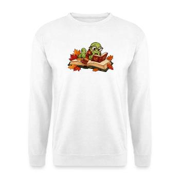 Niedlicher Bücherwurm im Herbst - Unisex Pullover - Weiß - Vorne - Alina (178cm) & Michal (187cm)