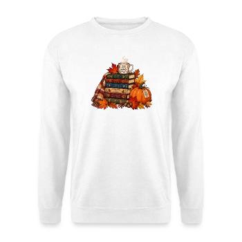 Gemütlicher Herbst Bücherstapel - Unisex Pullover - Weiß - Vorne - Alina (178cm) & Michal (187cm)