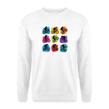 Bunte Radfahrer in abstrakten Splittern - Unisex Pullover - Weiß - Vorne - Alina (178cm) & Michal (187cm)