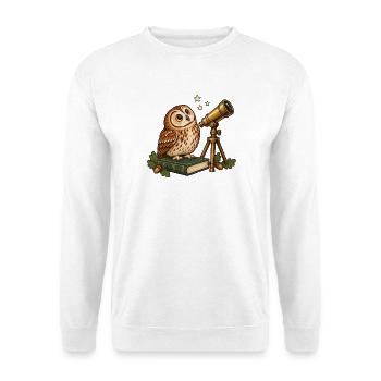 Eule mit Teleskop - Unisex Pullover - Weiß - Vorne - Alina (178cm) & Michal (187cm)