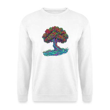 Baum des Lebens – Psychedelic Regenbogen Motiv - Unisex Pullover - Weiß - Vorne - Alina (178cm) & Michal (187cm)
