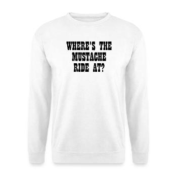 Wo findet die Schnurrbartfahrt statt? Damen-Schnur - Unisex Pullover - Weiß - Vorne - Alina (178cm) & Michal (187cm)