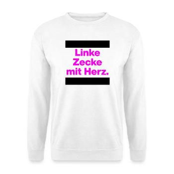 LINKE ZECKE MIT HERZ PINKES STATEMENT GEGEN RECHTS - Unisex Pullover - Weiß - Vorne - Alina (178cm) & Michal (187cm)