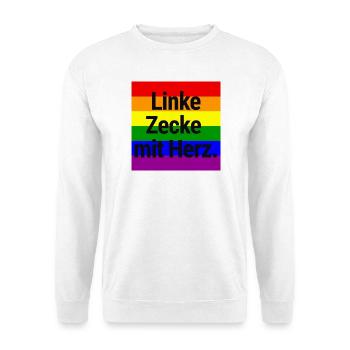 LINKE ZECKE MIT HERZ BUNTES STATEMENT GEGEN RECHTS - Unisex Pullover - Weiß - Vorne - Alina (178cm) & Michal (187cm)
