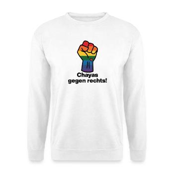 CHAYAS GEGEN RECHTS, PRIDE FAUST GEGEN RECHTS - Unisex Pullover - Weiß - Vorne - Alina (178cm) & Michal (187cm)