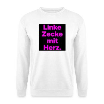 LINKE ZECKE MIT HERZ PINKES STATEMENT GEGEN RECHTS - Unisex Pullover - Weiß - Vorne - Alina (178cm) & Michal (187cm)