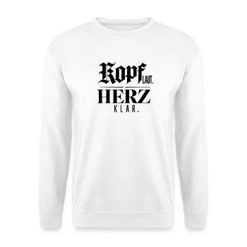 Kopf laut. Herz klar. Mindset Statement Geschenk - Unisex Pullover - Weiß - Vorne - Alina (178cm) & Michal (187cm)