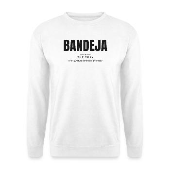 Bandeja — Das Brett | Echter Padel-Wortschatz - Unisex Pullover - Weiß - Vorne - Alina (178cm) & Michal (187cm)