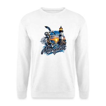 Meerverliebt – Anker, Leuchtturm & Möwen am Meer - Unisex Pullover - Weiß - Vorne - Alina (178cm) & Michal (187cm)