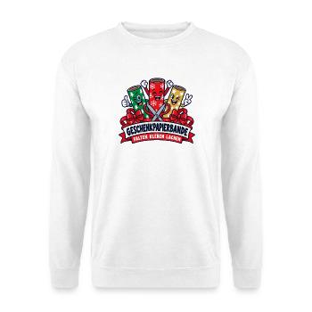 Geschenkpapierbande – Falten Kleben Lachen - Unisex Pullover - Weiß - Vorne - Alina (178cm) & Michal (187cm)