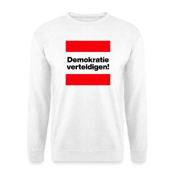 DEMOKRATIE VERTEIDIGEN KLARES STATEMENT GEGEN AFD - Unisex Pullover - Weiß - Vorne - Alina (178cm) & Michal (187cm)