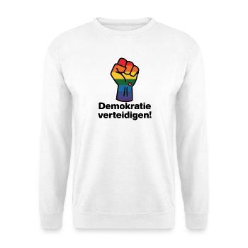 DEMOKRATIE VERTEIDIGEN REGENBOGEN STATEMENT, NOAFD - Unisex Pullover - Weiß - Vorne - Alina (178cm) & Michal (187cm)