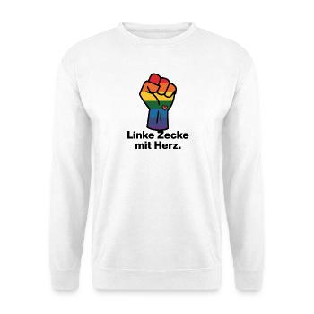 LINKE ZECKE MIT HERZ, ANTIFASCHISMUS, GEGEN RECHTS - Unisex Pullover - Weiß - Vorne - Alina (178cm) & Michal (187cm)