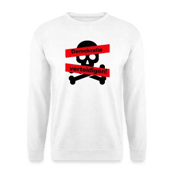 DEMOKRATIE VERTEIDIGEN KLARES STATEMENT GEGEN AFD - Unisex Pullover - Weiß - Vorne - Alina (178cm) & Michal (187cm)