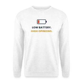 Niedriger Akku. Hohe Meinungen. - Unisex Pullover - Weiß - Vorne - Alina (178cm) & Michal (187cm)