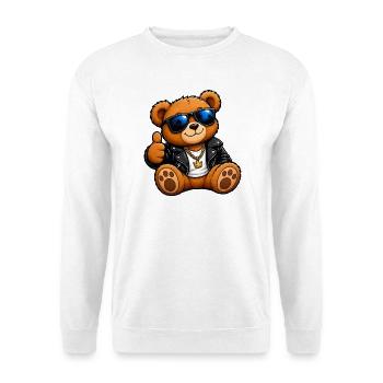 Bär in Lederjacke Streetwear - Unisex Pullover - Weiß - Vorne - Alina (178cm) & Michal (187cm)
