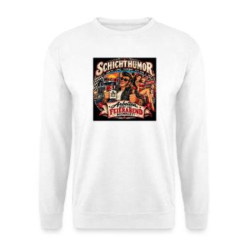 Schichthumor – Arbeiten, damit der Feierabend schm - Unisex Pullover - Weiß - Vorne - Alina (178cm) & Michal (187cm)