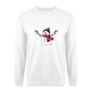 Winterlicher Schneemann mit bunter Mütze - Unisex Pullover - Weiß - Vorne - Alina (178cm) & Michal (187cm)