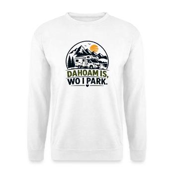 Dahoam is, wo i park, Daheim ist, wo ich parke - Unisex Pullover - Weiß - Vorne - Alina (178cm) & Michal (187cm)
