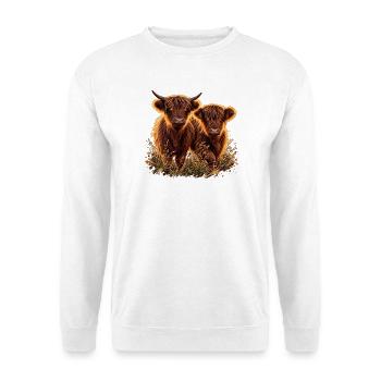 Highlandrinder im Abendlicht - Unisex Pullover - Weiß - Vorne - Alina (178cm) & Michal (187cm)
