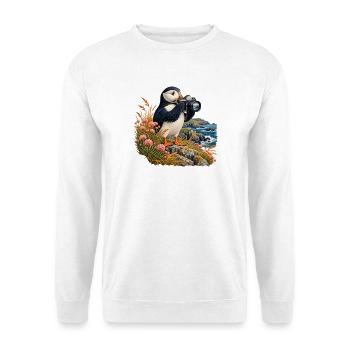 Papageitaucher mit Analogkamera - Unisex Pullover - Weiß - Vorne - Alina (178cm) & Michal (187cm)