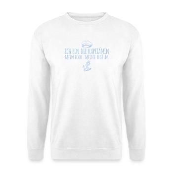 Kapitänin Mein Boot Meine Regeln Seglerin - Unisex Pullover - Weiß - Vorne - Alina (178cm) & Michal (187cm)