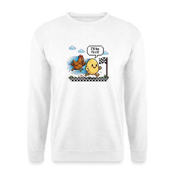  Huhn vs Ei Wettrennen - Pixel Art  - Unisex Pullover - Weiß - Vorne - Alina (178cm) & Michal (187cm)