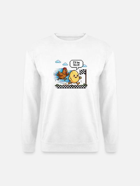 Huhn vs Ei Wettrennen - Pixel Art - Unisex Pullover - Weiß