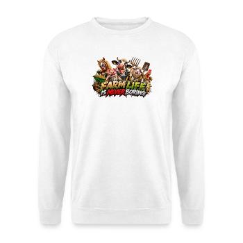 FarmLife Nie Langweilig Auf Hof - Unisex Pullover - Weiß - Vorne - Alina (178cm) & Michal (187cm)