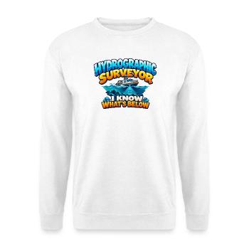 Hydrographischer Vermesser – Ich weiß, was darunter ist - Unisex Pullover - Weiß - Vorne - Alina (178cm) & Michal (187cm)